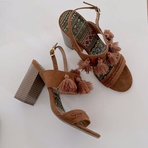 Suede Open toe heels with tassles